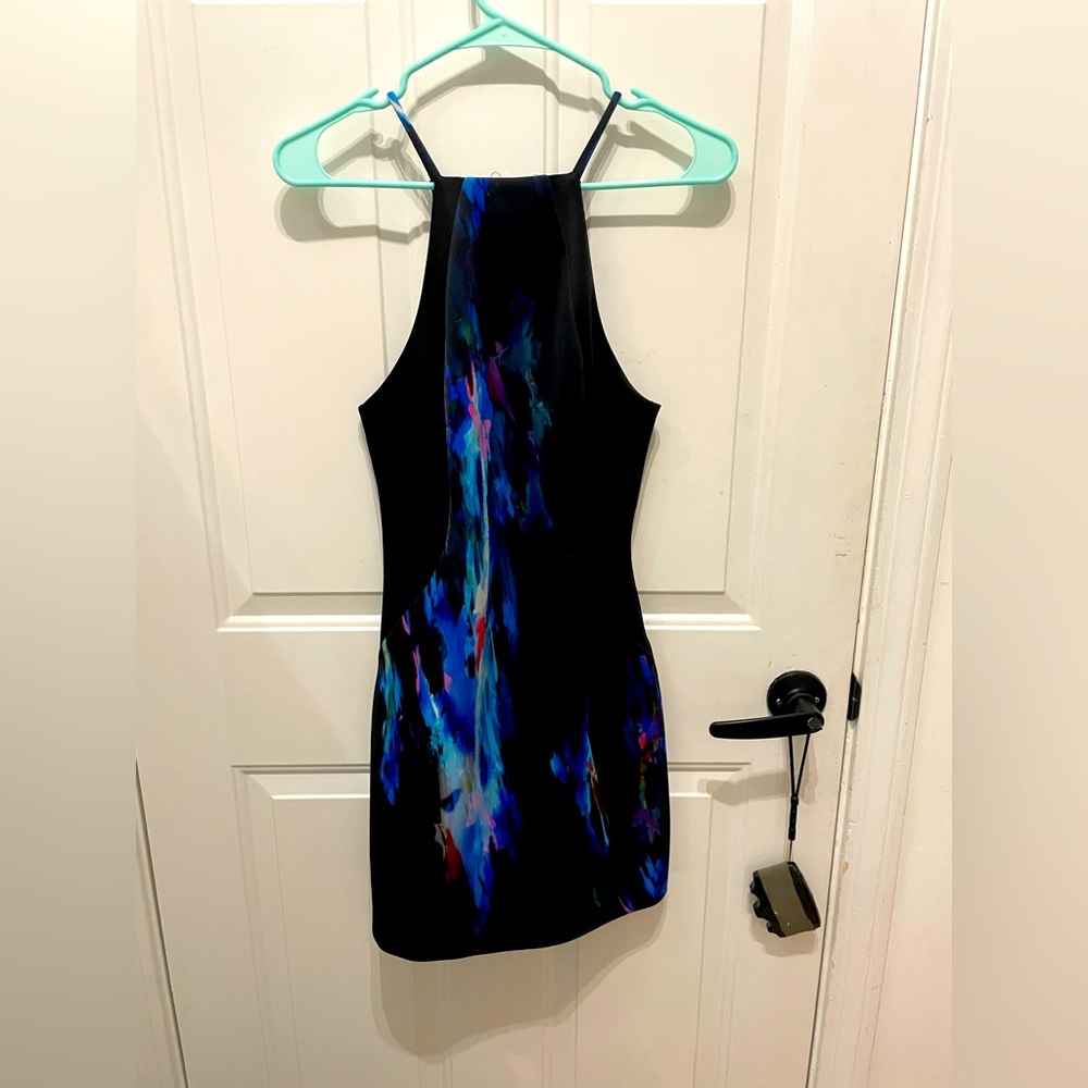 Bebe Black Dress with Blue and Purple Highlights